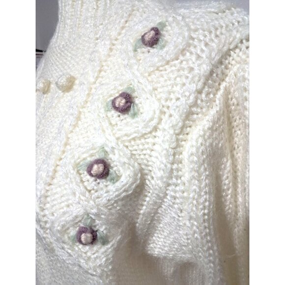 Vintage Paris Sport Club White Cable Knit Sweater With Floral Embroidery & Mock - Picture 5 of 8